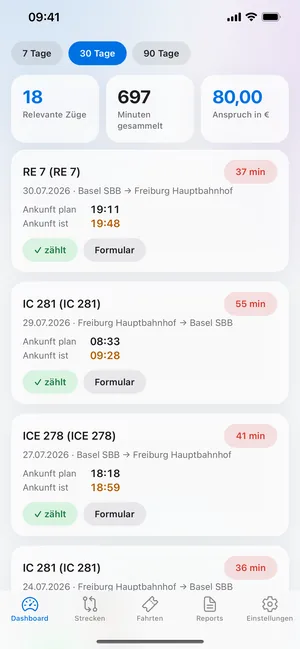 Dashboard der App mit erfassten Verspätungen