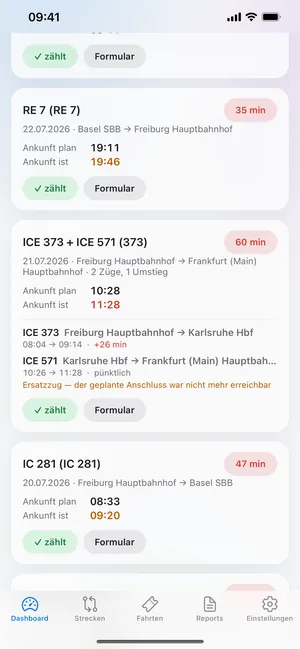 Kachel „ICE 373 + ICE 571“: 2 Züge, 1 Umstieg, geplante Ankunft 10:28, tatsächlich 11:28 — 60 Minuten. Darunter beide Teilfahrten mit ihrer eigenen Verspätung.